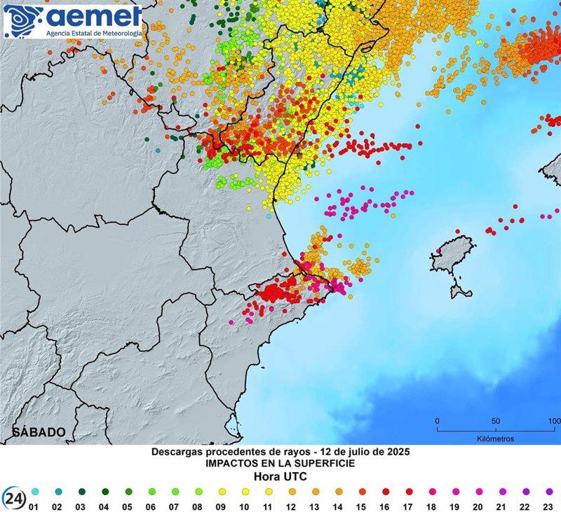 La Comunitat Valenciana registra 2.705 rayos durante la tormenta del sábado.