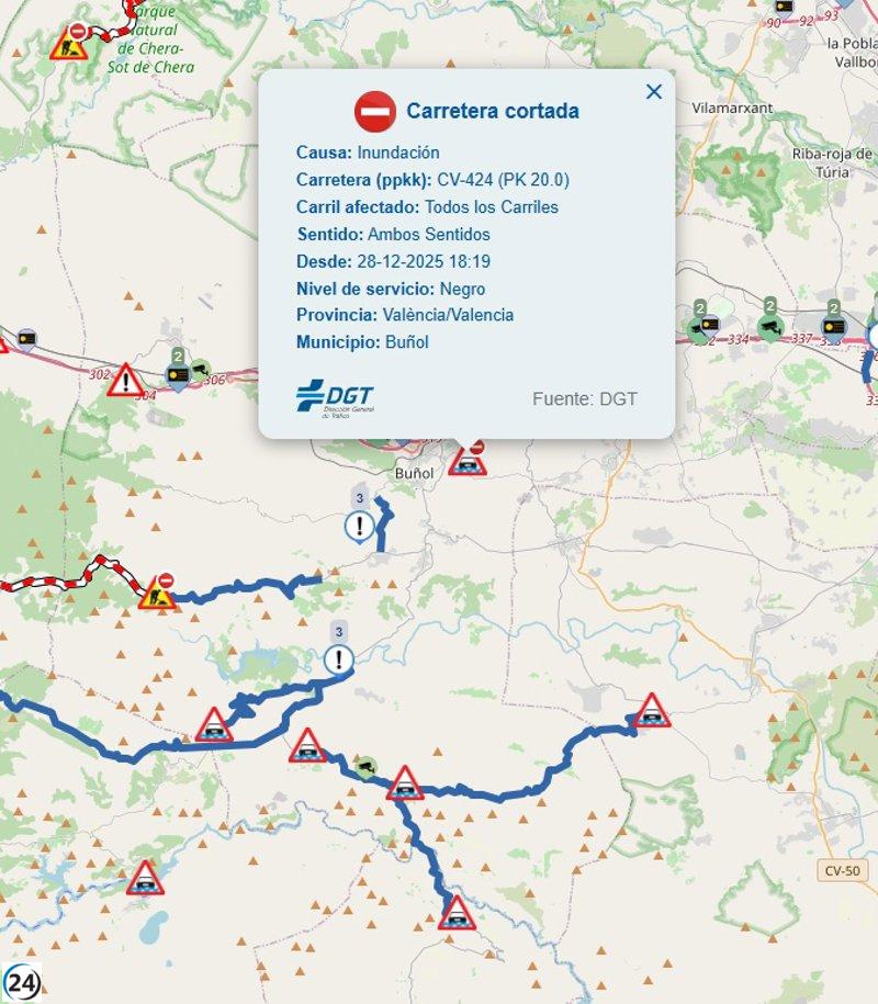 Ocho carreteras secundarias en Valencia siguen cerradas tras intensas lluvias.